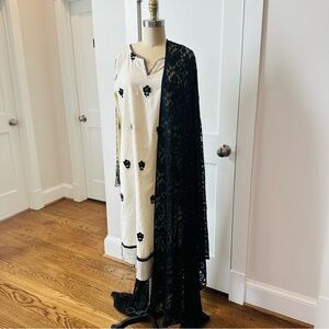 Ivory Cotton Embroidered Kurta with Black Lace Dubatta